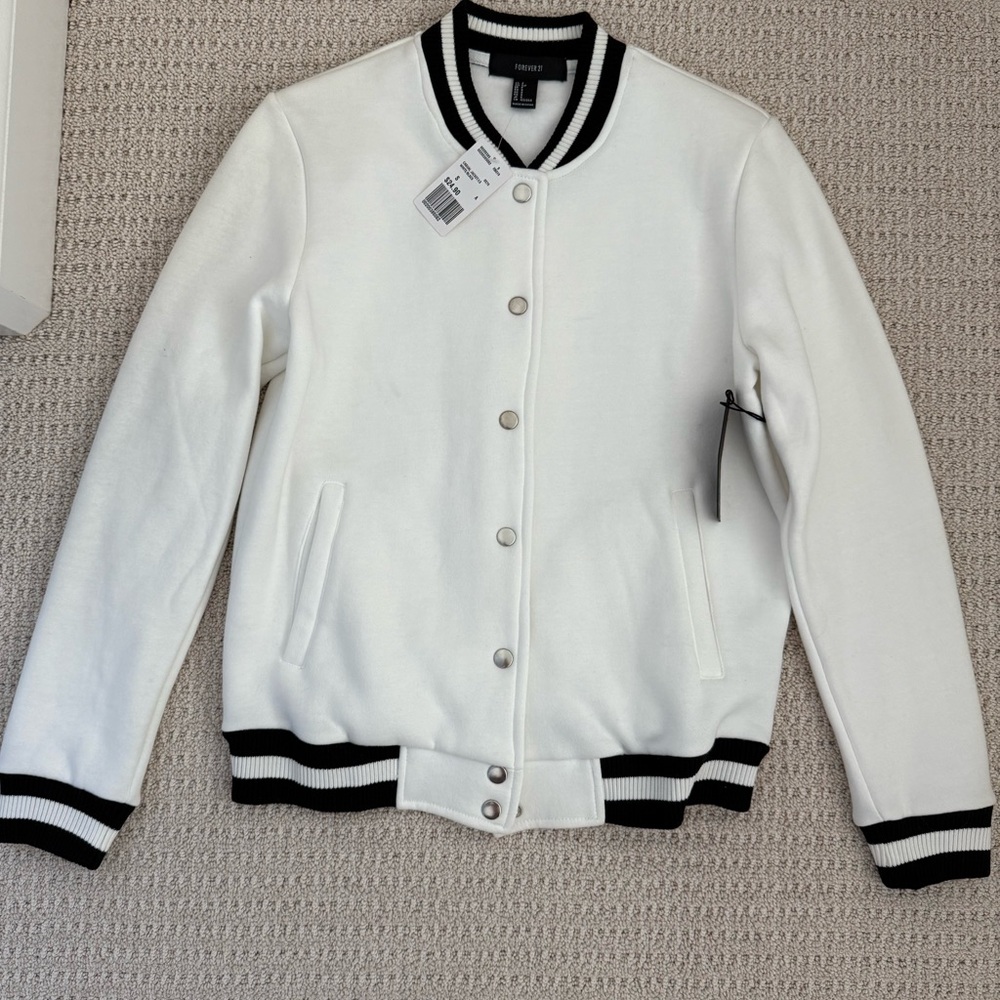 Forever 21 White Varsity Jacket with Black Trim